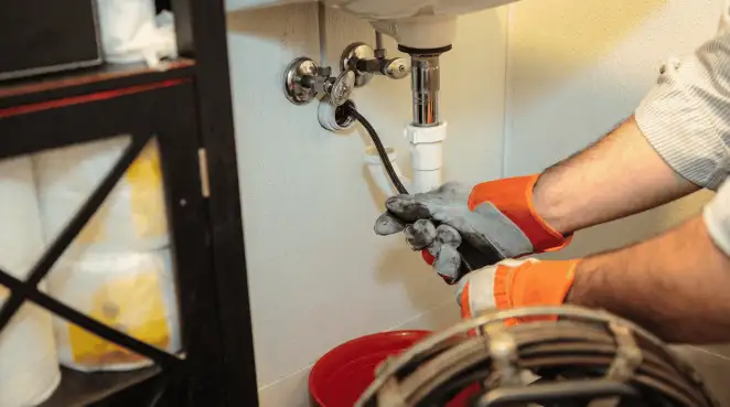 Drain cleaning technician using a motorized plumbing snake to clear a clogged sink pipe in Columbia, MO